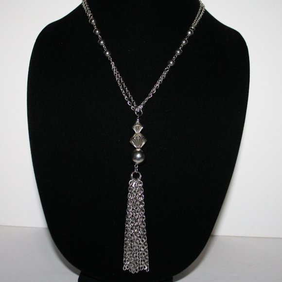 Long silver tassel necklace 24"